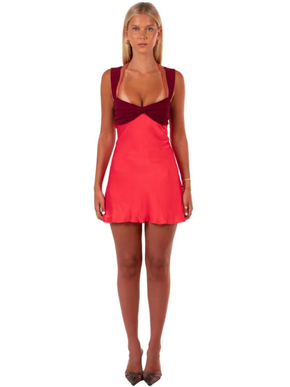 Mozision Patchwork Sleeveless Sexy Mini Dress For Women Robe Satin Strapless Backless Lace-up High Waist A-line Club Dress