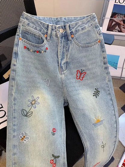 Vintage Embroidered Jeans Trousers For Women Summer 2025 New Korean Fashion High Waist Straight Retro Casual Denim Pants