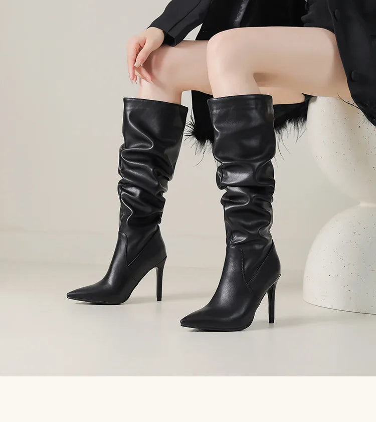 2025 Winter Knee Boots With Heels Woman 10CM Stiletto Fashion Slip on Pointy Autumn Shoes Women Soft Leather Pleated Long Boots