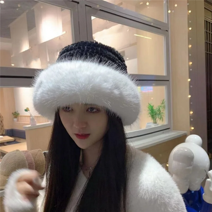 HOES-Women's Bucket Hat Plush Protection From Cold Fashionable Winter Hat For Women Winter Cap -Black