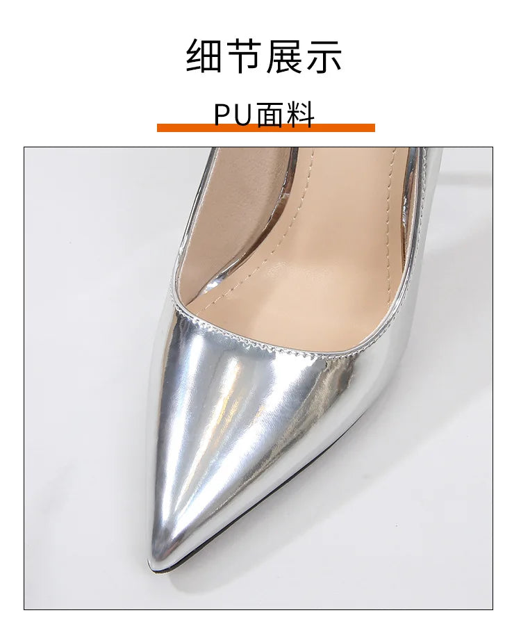 EtherealBe Silver Pointed Toe Fashion Career Heels for Women with a Sleek PU Finish