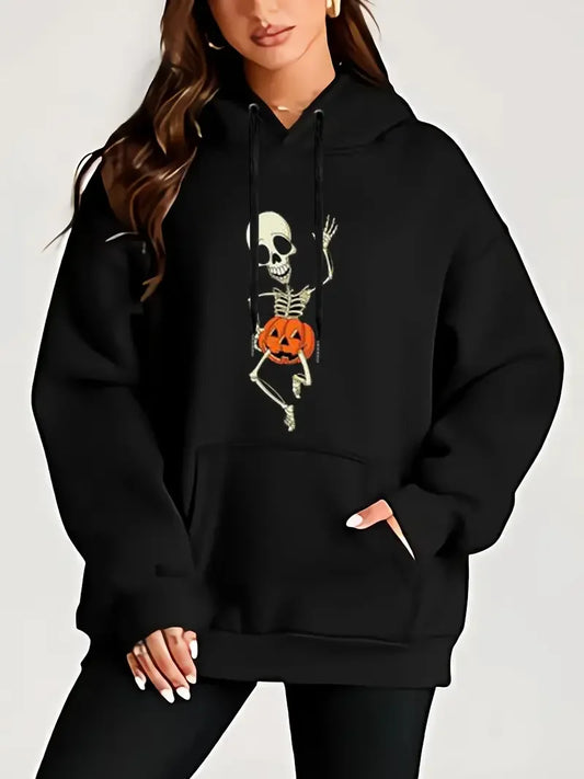 EtherealBe women's Halloween skeleton hoodie featuring a playful skeleton and pumpkin design