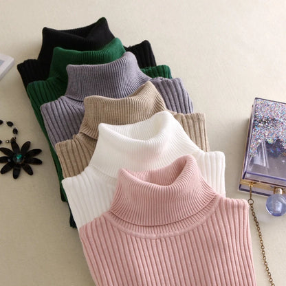 Autumn Winter Women Knit Solid Turtleneck Pull Sweater Casual Rib Jumper Tops Female Home Pullover Y2K Clothing 2025