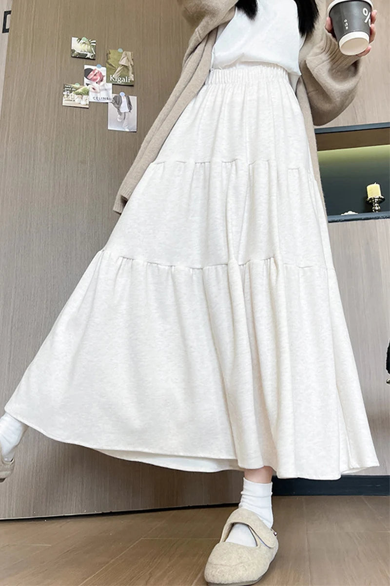 Autumn Casual Knit Pleated Skirt for Women Elegant Solid Color A Line Long Skirts Korean Streetwear High Waist Patchwork Skirt