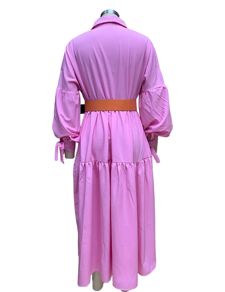 2024 Autumn New Women's Clothing Solid Color Fashionable Temperament Long Sleeved Sleeve Lace Up Casual Mid Length Lapel Dress