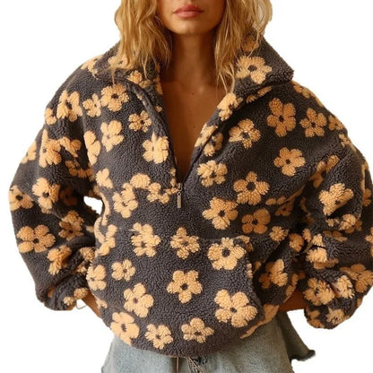 Cozy lambskin coat for women with floral pattern and zip-up design for stylish warmth