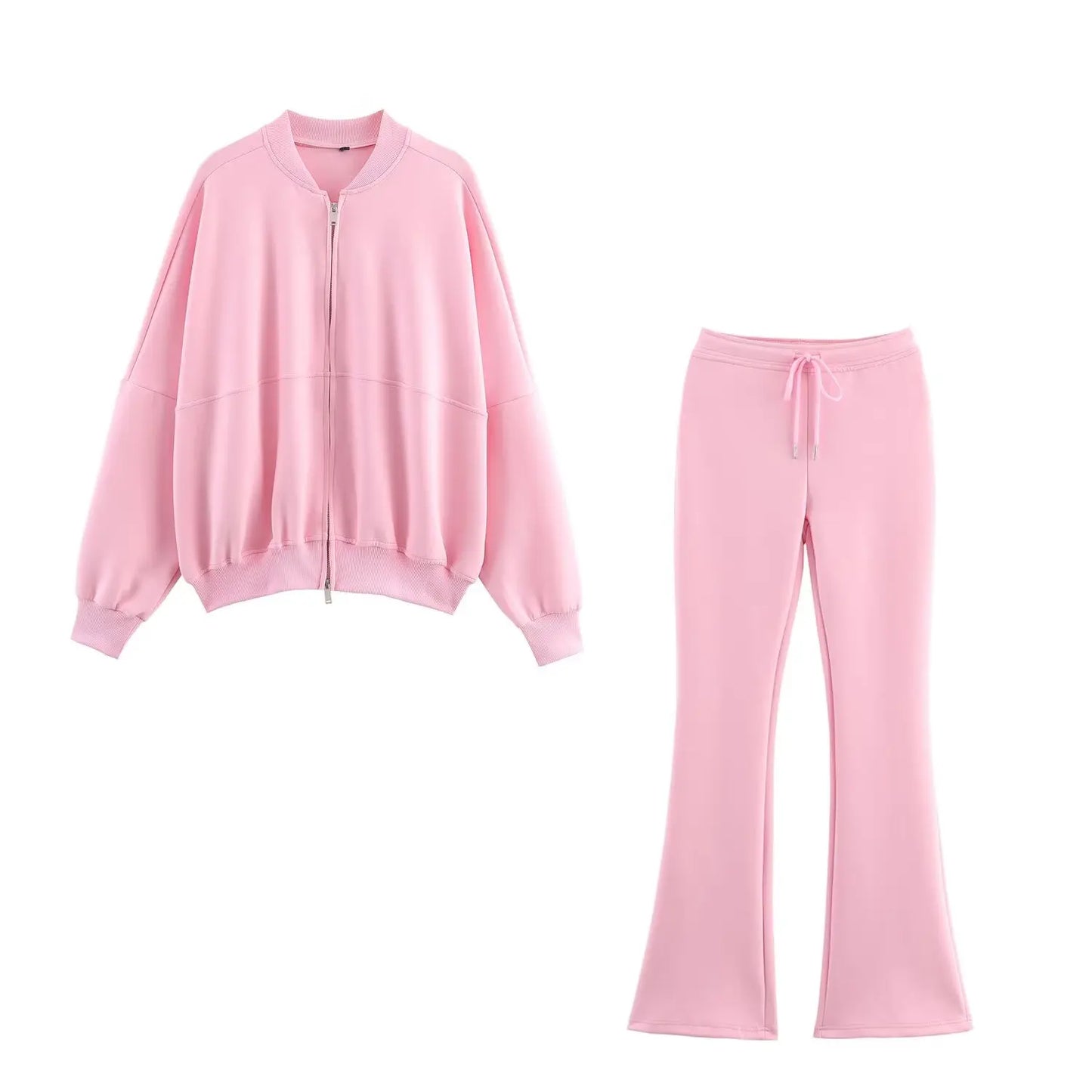 HH Women Casual Solid Coat Flared Pants Suits Long Sleeve Zipper Bomber Jackets 2025 New Fashion Lady Chic Outfit 2 Piece Set