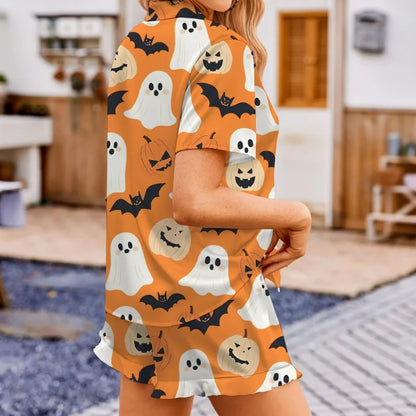 Women Halloween Pajama Set Pumpkin Short Sleeve Button-up Tops Elastic Waist Shorts 2 Piece Sleepwear Outfit