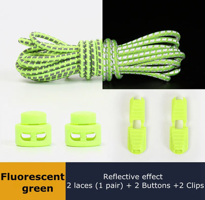 1 Pair Elastic Shoelaces Reflective Push The Spring Lock No Tie Shoe Laces Used For Sneakers Hiking Shoes Lazy Lace Round