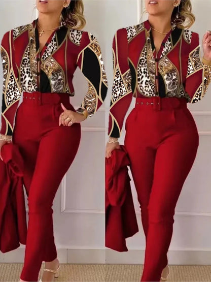 Autumn Winter Stand Neck Floral Print Long Sleeve Shirt Pants Two Piece Sets Elegant Women Casual Shirt Trousers Suits With Belt