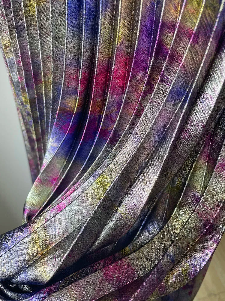 Shiny Colorful Luxury High Waist Metallic Pleated Midi Skirt 2025 Fashion Trends Elastic Waistband Pleated Skirt Old Money Style