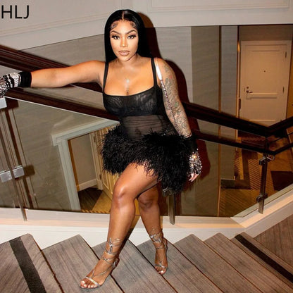HLJ Black Sexy Mesh Perspective Patchwork Party Nightclub Dresses Women Thin Fur Mini Suspended Dress Female Halloween Clothing