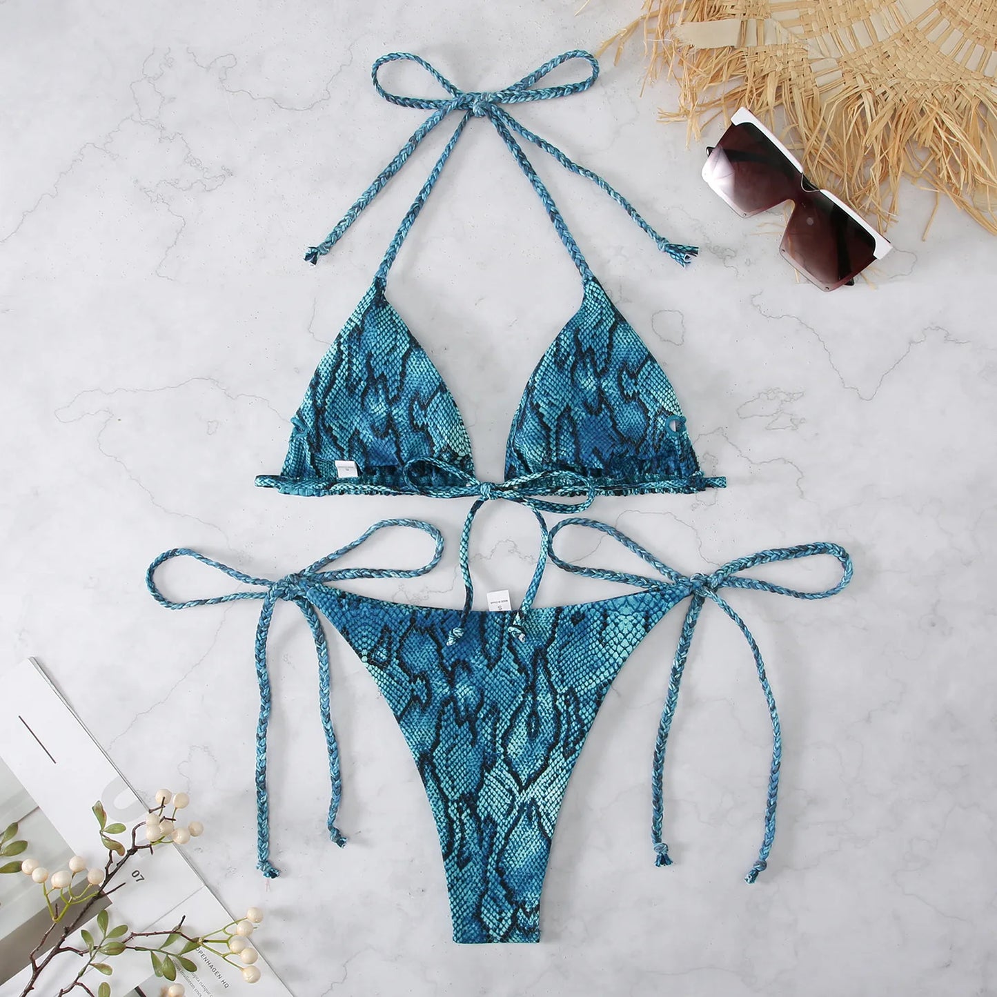 Snake Print 2-piece Swimsuit for Women,2024 New Triangle Bikini,summer Beach Vacation Suspender Backless Lace-up Bathing Suit