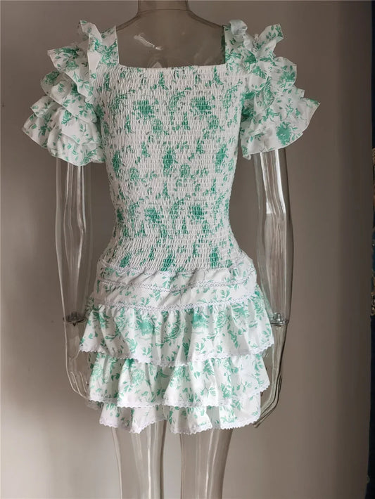 New Sweet Floral Print V-neck Ruffle Light Blue Women Mini Dress