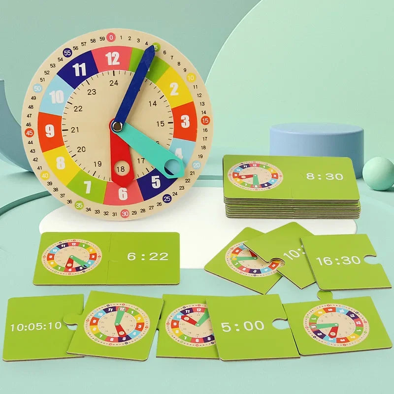 Wooden Clock Model Teaching Aid Montessori Learning Clocks with Cards Kindergartner Toy for Game Interaction Playroom Wall