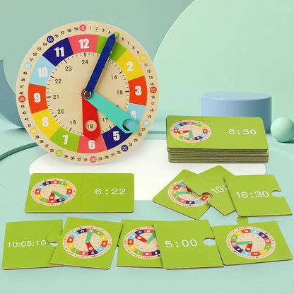 Wooden Clock Model Teaching Aid Montessori Learning Clocks with Cards Kindergartner Toy for Game Interaction Playroom Wall
