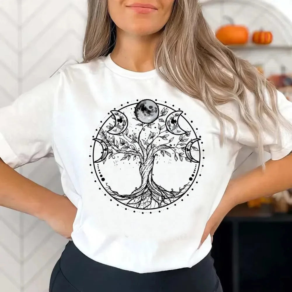 EtherealBe Halloween witch shirt women featuring a mystical tree design with moon phases