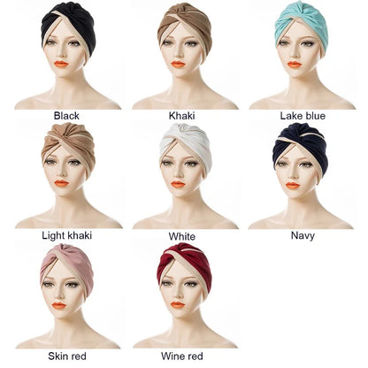 New Women Fashion Twisted Indian Hats Two Color Stitched Forehead Cross Folded Muslim Hijab Ladies Pleated Hijab Hat