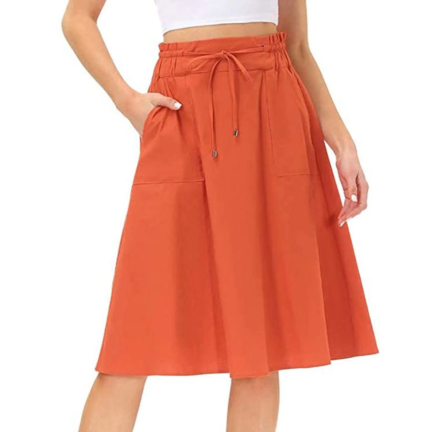 Summer Knee Length Boho Skirt Women Drawstring Ruffled High Waist Lace Up Solid Color A-Line Skirt Pockets Pleated Skirt