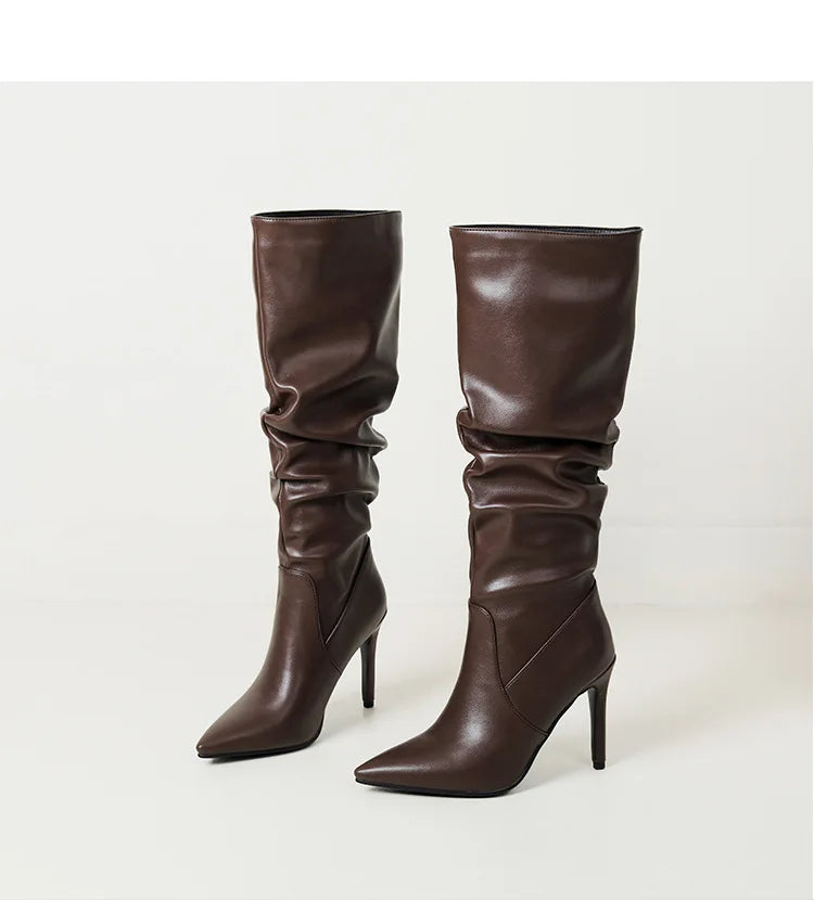 2025 Winter Knee Boots With Heels Woman 10CM Stiletto Fashion Slip on Pointy Autumn Shoes Women Soft Leather Pleated Long Boots