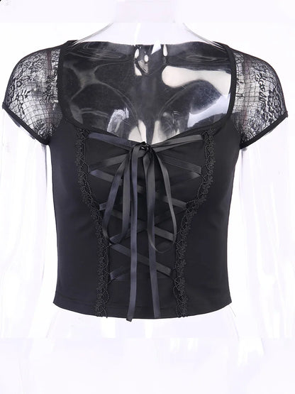 Women's Vintage Gothic T-shirt Bodycon Bandage Lace Black Mesh Top Sexy Casual Gothic Streetwear Female Top