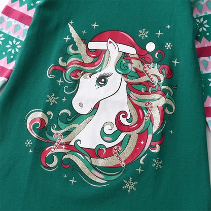 DXTON Girls Unicorn Cartoon Print Kids Green Cotton Print