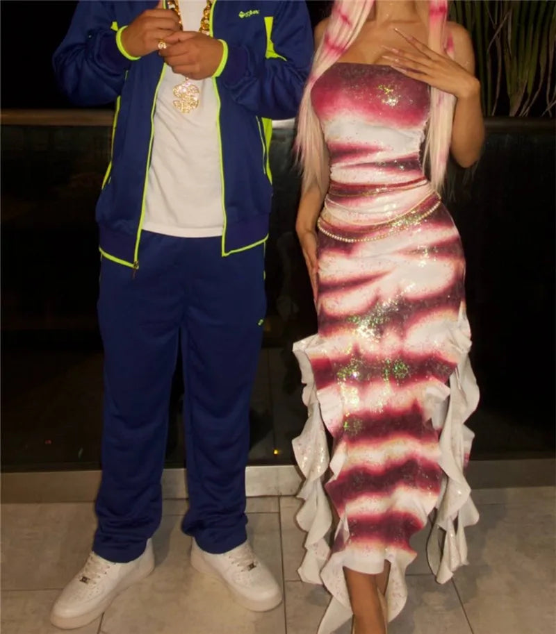 Halloween Shark Tale Costume for Adults Oscar and Lola Couple Costume Halloween Women Sparkle Ruffle Hem Strapless Fish Cosplay