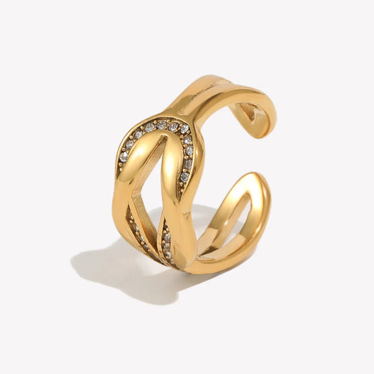 E.B.belle 18K Gold Plated Interwoven Open Rings Crystal Stainless Steel Minimalist Rings For Women Waterproof Jewelry For Gift