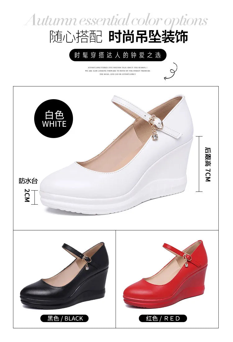high quality leather shoe for women 7cm wedge high heel platform round toe 32 33 42 43 elegant and fashion shoe white red black