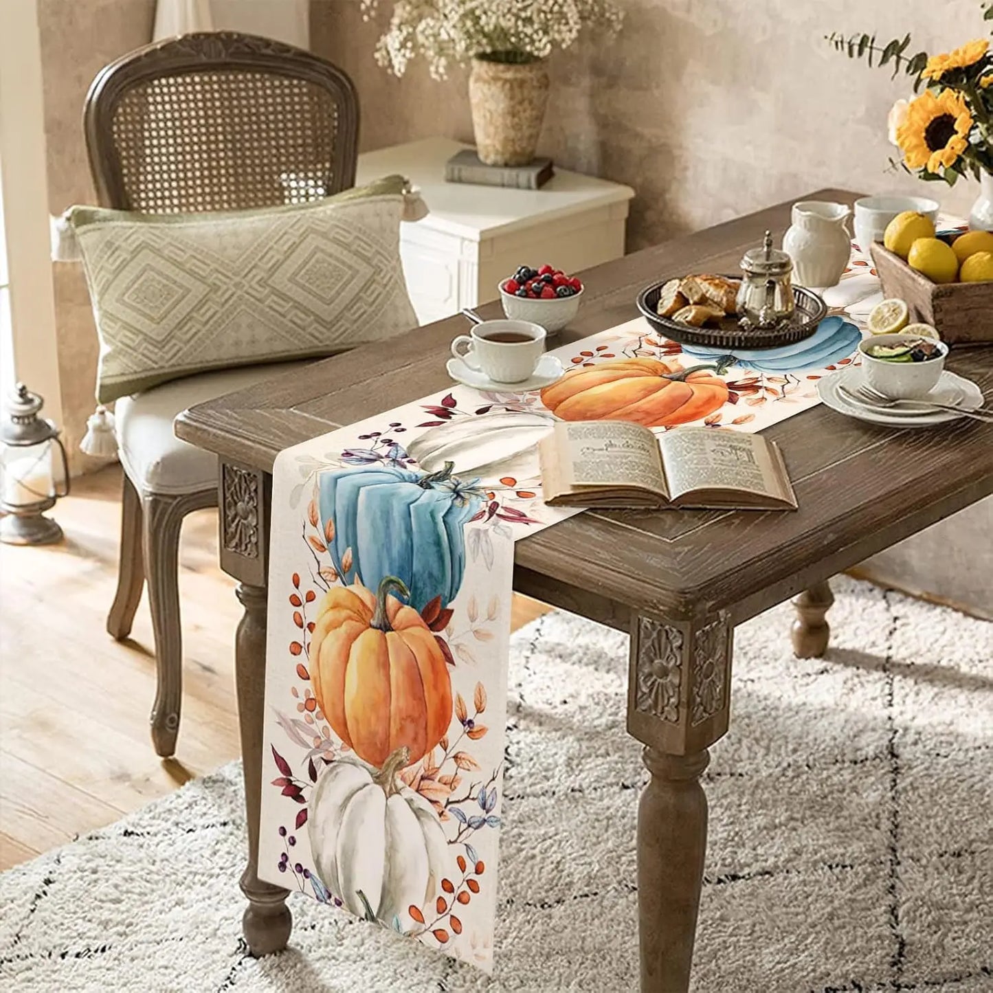 Fall Thanksgiving Colorful Pumpkins Eucalyptus Leaves Linen Table Runners Autumn Dresser Scarf Holiday Wedding Party Table Decor