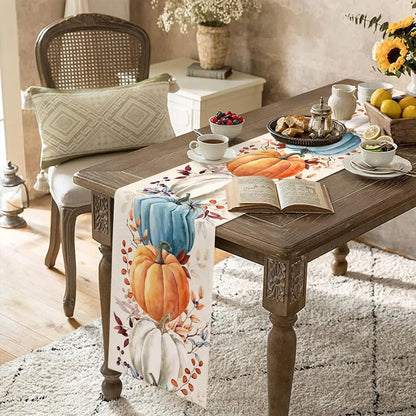 Fall Thanksgiving Colorful Pumpkins Eucalyptus Leaves Linen Table Runners Autumn Dresser Scarf Holiday Wedding Party Table Decor