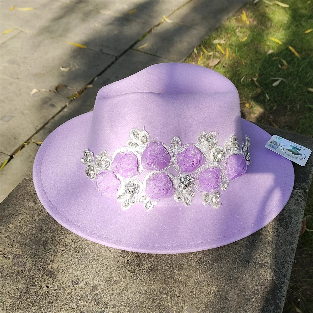 Embroidered three-dimensional flower fedora hat Women's jazz top hat Spring and autumn panama church fashion elegant wedding Hat