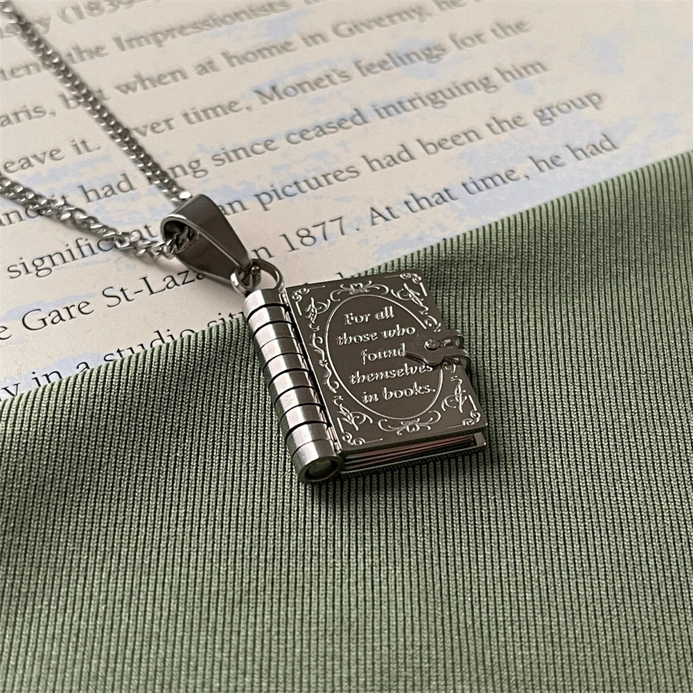 Book Lovers Necklace Stainless Steel Engraved Openable Book Chain Pendant Necklaces for Women Men Vintage Jewelry Gift
