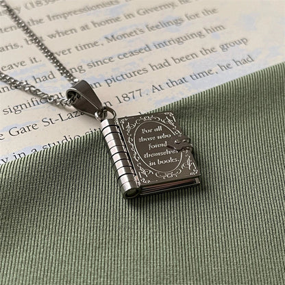 Book Lovers Necklace Stainless Steel Engraved Openable Book Chain Pendant Necklaces for Women Men Vintage Jewelry Gift