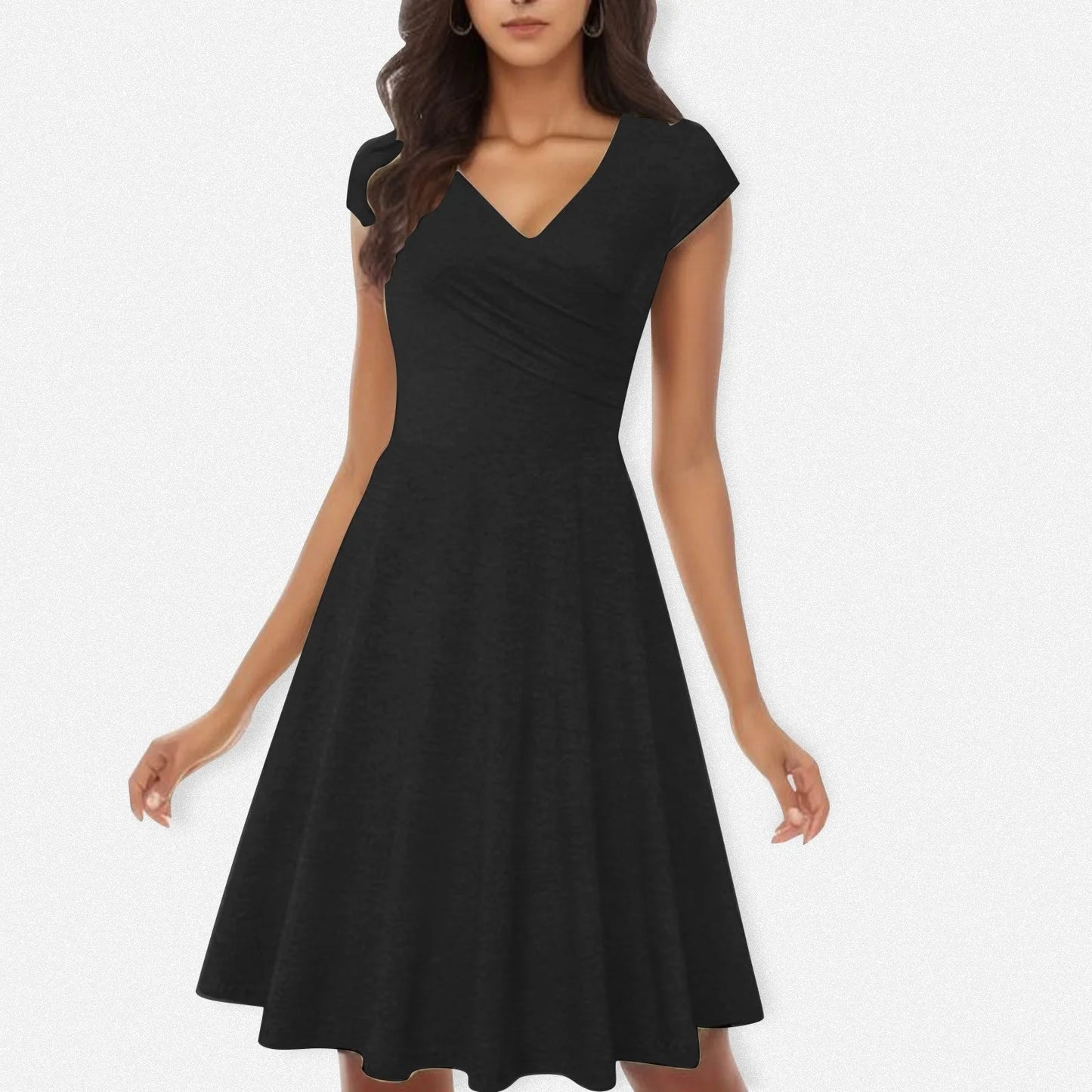 Female Solid Dress Knee-Length Short Sleeve Summer Empire Pleated Dresses A-line V-neck Simple Laides Casual Club Party Dress