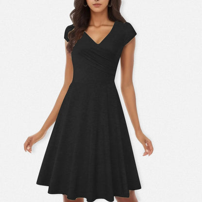 Female Solid Dress Knee-Length Short Sleeve Summer Empire Pleated Dresses A-line V-neck Simple Laides Casual Club Party Dress