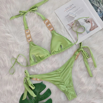 Sexy Rhinestone Bikini Set Women 2025 Luxury Pink Crystal Diamond Push Up Bandage Thong Swimsuit Beach Bathing Suit Swimwear
