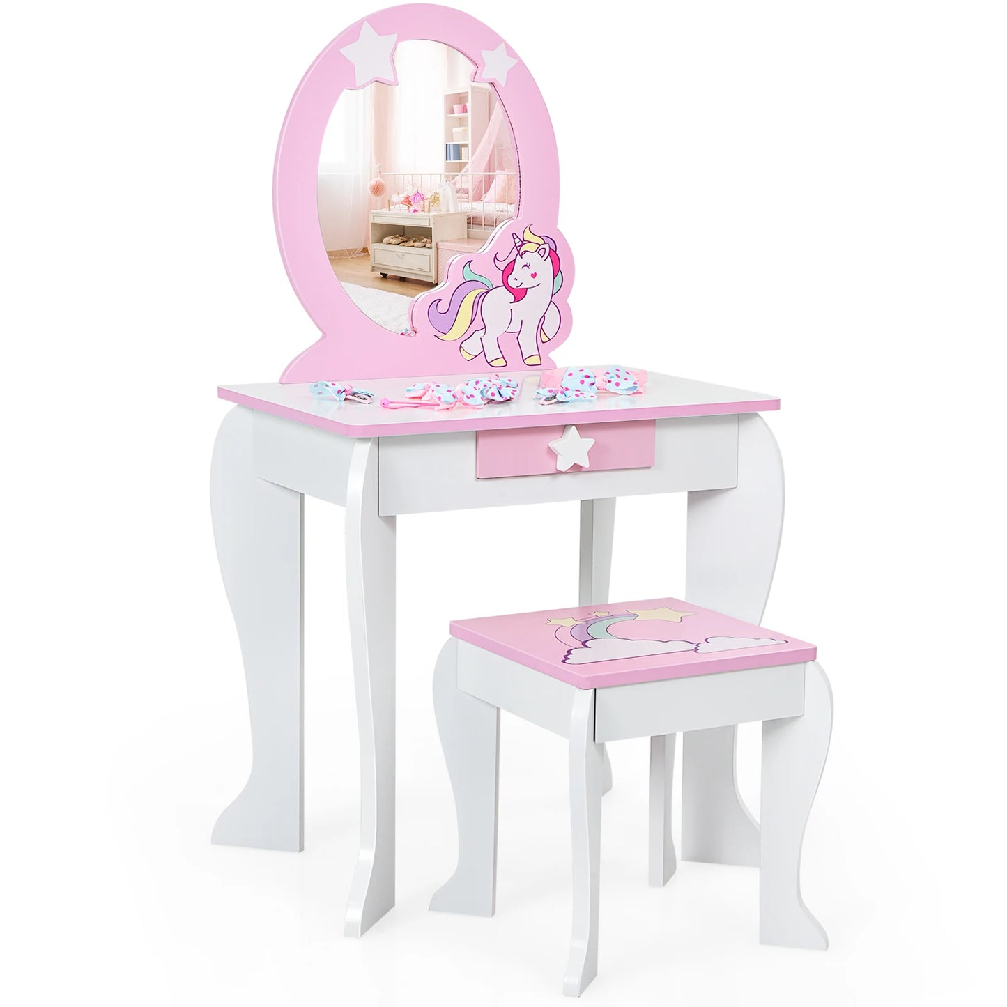Kids Home Vanity Makeup Set Wooden W/ Mirror and Drawer