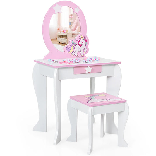 Kids Home Vanity Makeup Set Wooden W/ Mirror and Drawer