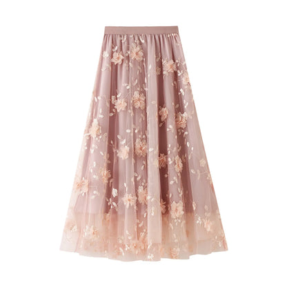 Korean Style Women's Floral Embroidered Mesh Skirt Harajuku High Waist A Line Midi Skirts Elegant Tulle Skirt Faldas Mujer