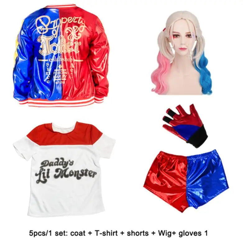 EtherealBe Harley Quinn kids cosplay costume set with jacket, shirt, shorts, wig, and gloves