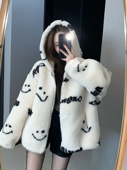 Jackets For Women 2022 Winter Cashmere Chic Printing Hooded Fashion Street Outerwear Sweet Casual College Women's jacket Coat