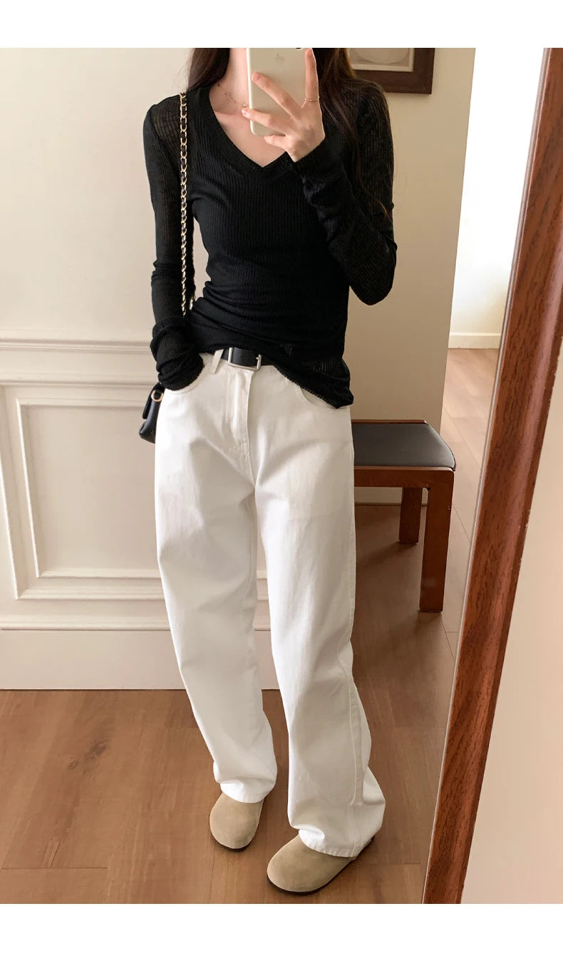 Autumn Sexy Classic V-neck Knitted Female T-shirts New Elastic Fashion Slim Simple Casual Pure Color Long Sleeves Women T-shirts