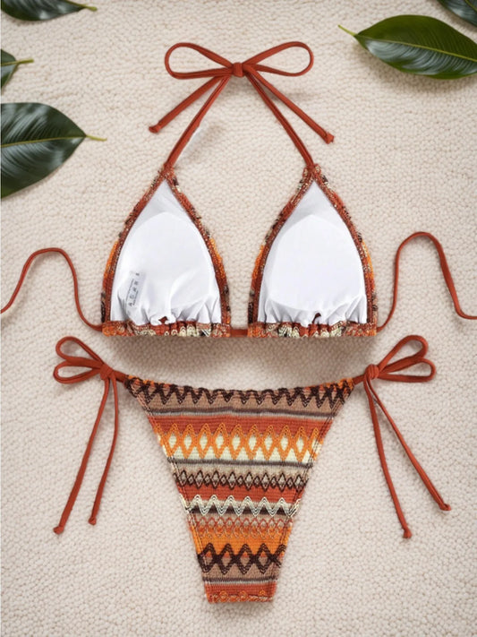 2026 Women's 2-piece Swimsuit Sexy Knitted Striped Bikini Set Triangle Bra Suspender Halter Backless Beach Vacation Swimwear