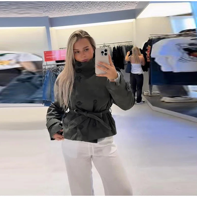 Belted Waist Cropped Trench Double Breasted Stand Collar 2025 Autumn Chic Elegant Women Coat Casual Vintage Office Lady Jacket