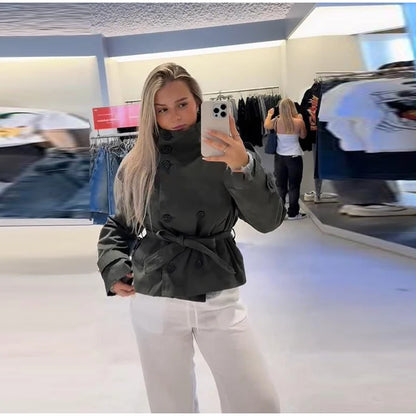 Belted Waist Cropped Trench Double Breasted Stand Collar 2025 Autumn Chic Elegant Women Coat Casual Vintage Office Lady Jacket