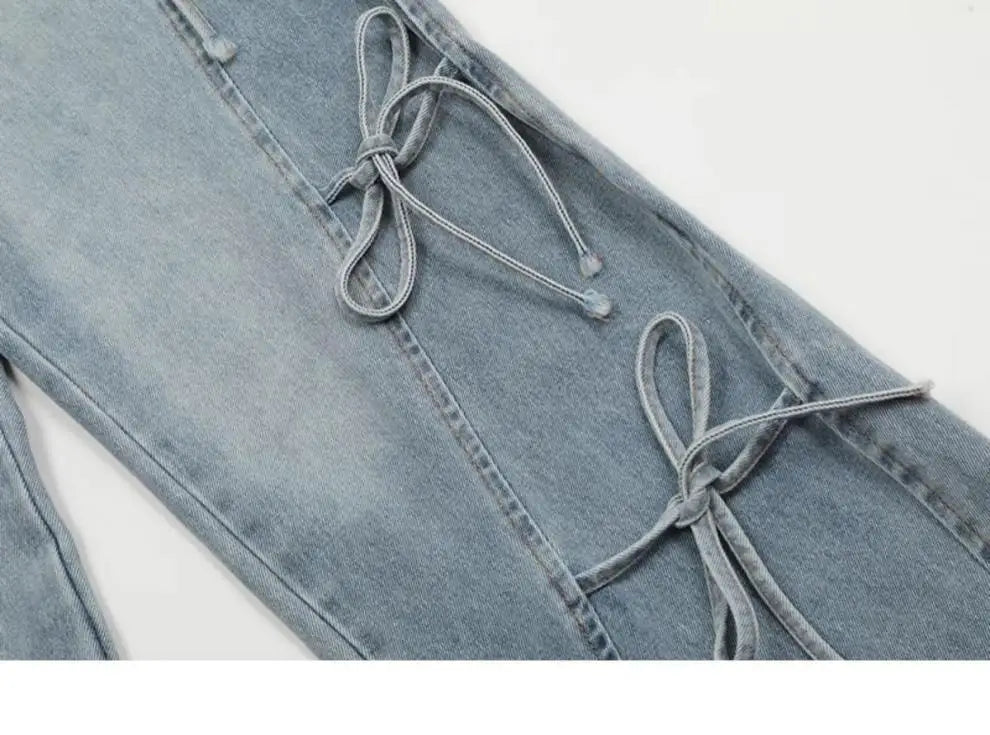 Jeans Women Vintage Bow Design Baggy Wide Leg Trousers Autumn High Waist Students Young All-match Daily Harajuku Slouchy Chic