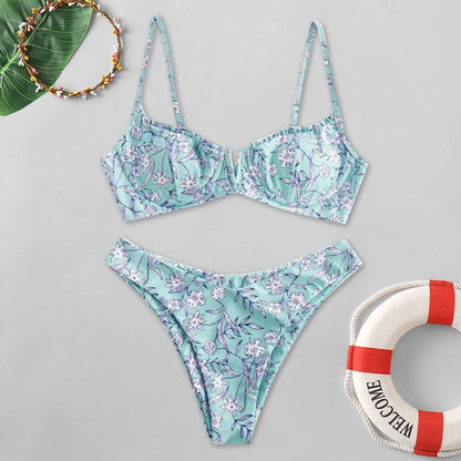 Beach Swimsuits Women Floral Printed Bikinis Set Push Up Bra Split Tankinis Set Summer 2pcs Sexy Bikinis Female Boho Beachwear