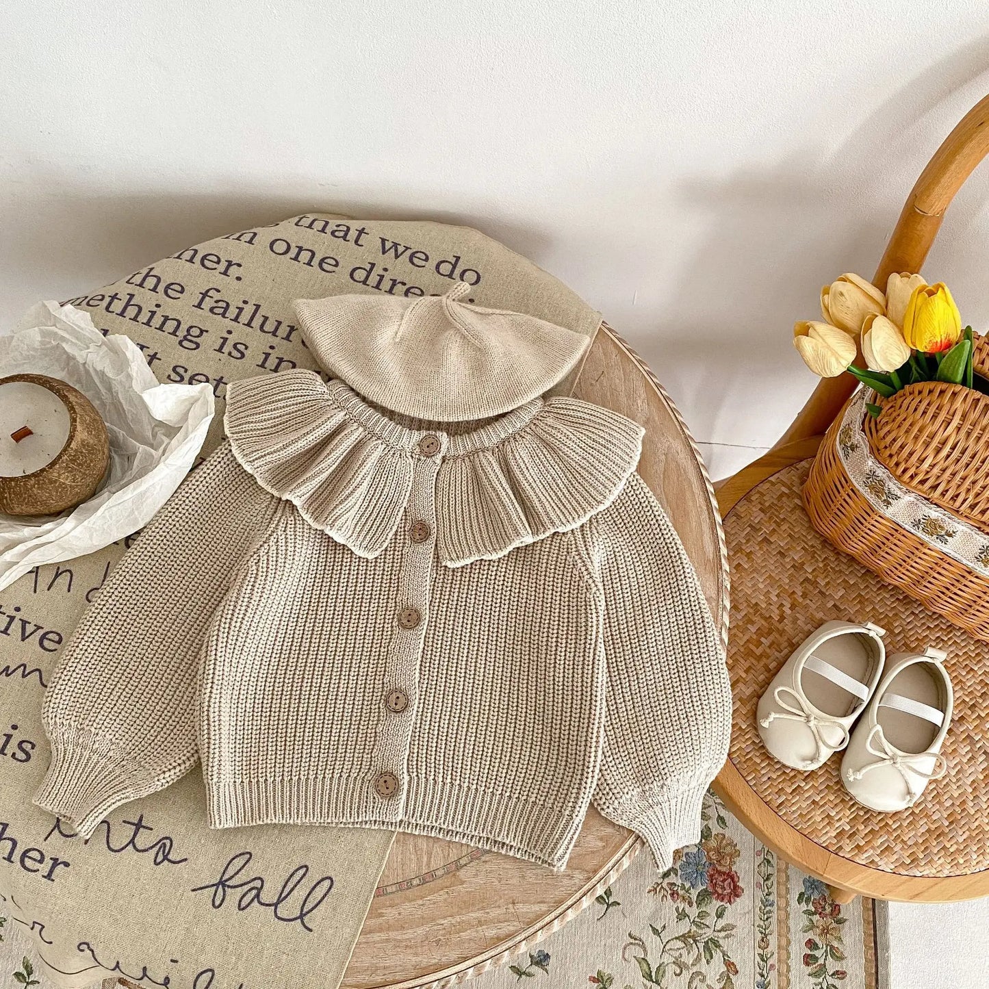 INS Spring and Autumn Infants' 0-3 Year Old Girl Baby Fashion Ruffle Collar Knitted Coat Small Cardigan Sweater Top