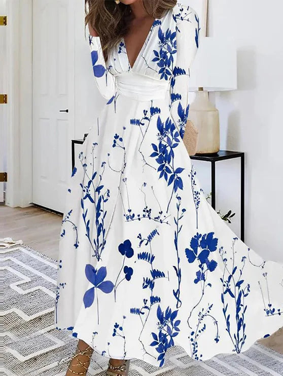 Autumn Floral Elegant Party Long Dress For Women Sexy Deep V Neck Long Sleeve Slim White Print Casual Maxi Dresses 2024 Spring